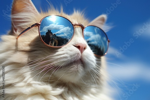  a cat wearing a pair of sunglasses with a reflection of a sky and clouds in the reflection of it s reflection in the lens of the cat s eyes.