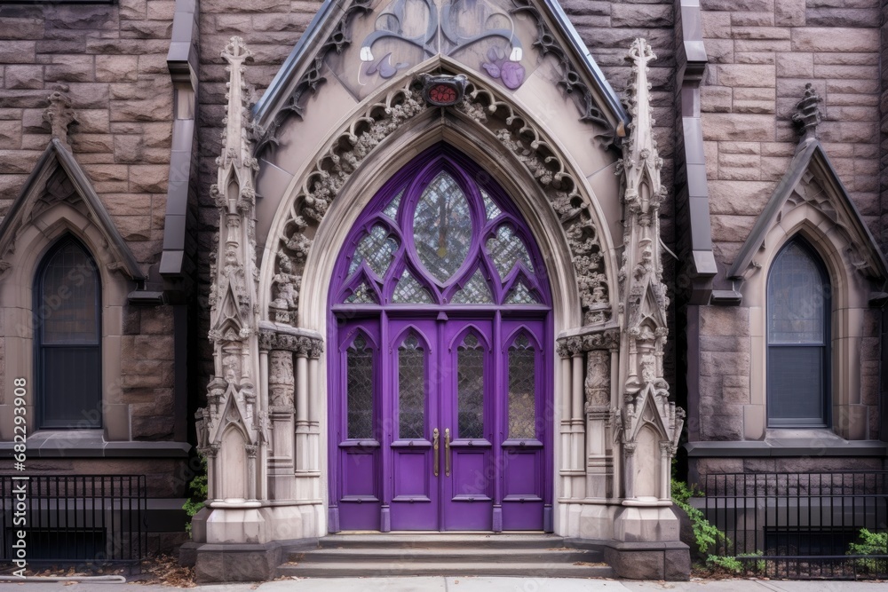 a purple door with stained glass inserts in a gothic architecture building