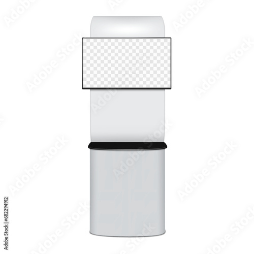 Trade show monitor kiosk with transparent screen vector mock-up. Tradeshow media display stand with countertop mockup. Template for design