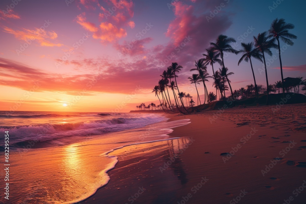  a sunset on a tropical beach with palm trees in the foreground and waves in the foreground, with the sun setting in the distance behind the palm trees.