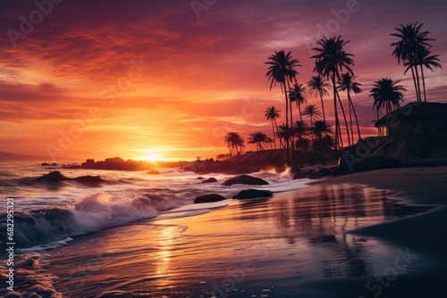  the sun is setting over the ocean with palm trees in the foreground and waves in the foreground, and a beach with rocks and palm trees in the foreground.