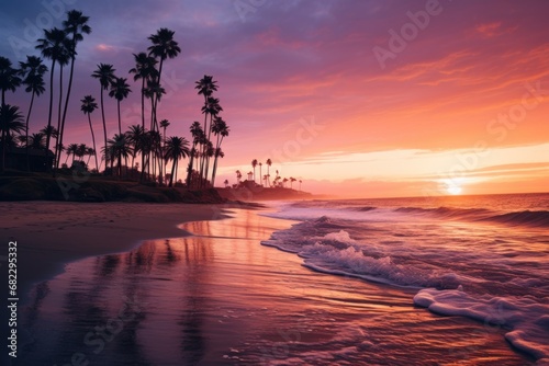  the sun is setting over the ocean with palm trees in the foreground and a beach in the foreground with waves coming in to shore and palm trees in the foreground.