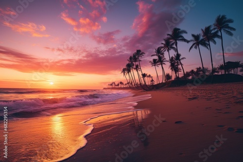  a sunset on a tropical beach with palm trees in the foreground and waves in the foreground, with the sun setting in the distance behind the palm trees.
