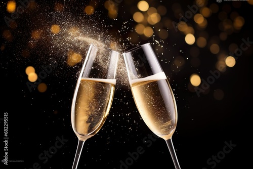 champagne glasses with bokeh lights for happy new year party celebration 