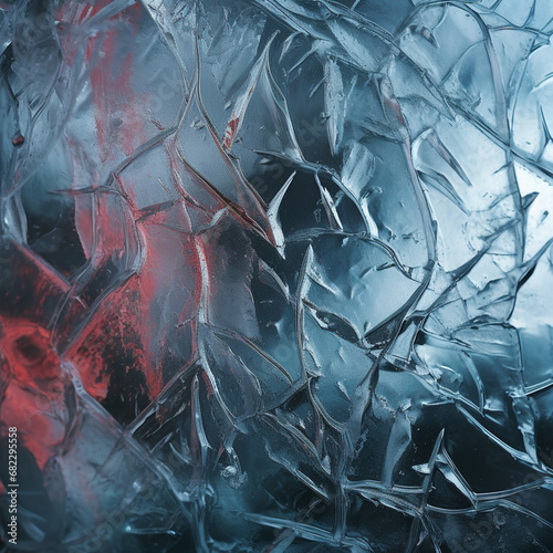 ice texture, thinny sharp frostbytes, dense interlaced needles of ice, remnants of red, absolute zero temperature created with Generative Ai photo