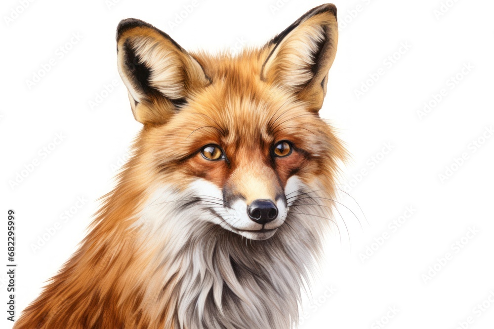 a close up of a red fox's face with an alert look on it's face, with long hair and orange eyes, with a white background. a close up of a red fox's face with an alert look on it's face, with long hair and orange eyes, with a white background.