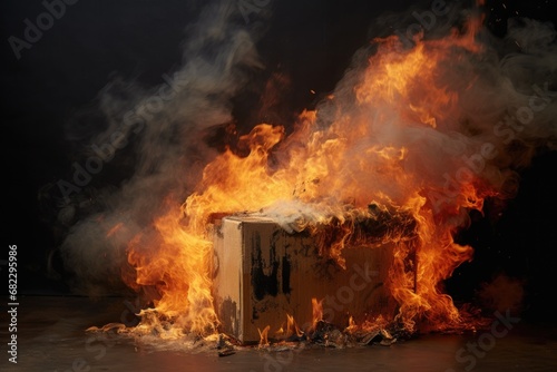 a close shot of a burning cardboard box, flames and smoke visible