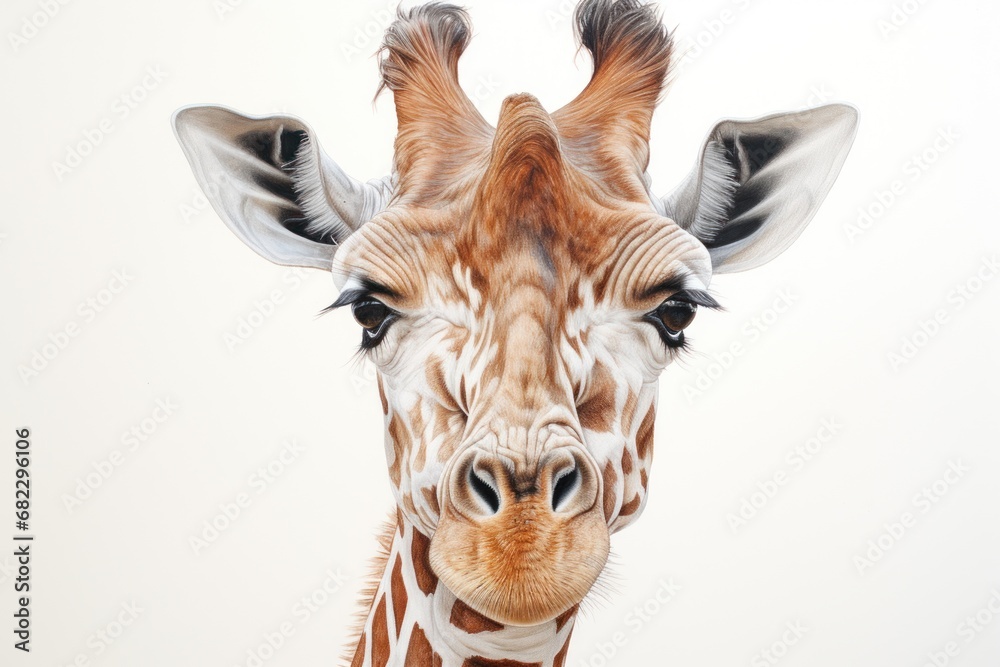  a close up of a giraffe's head with a white background and a brown and white stripe on it's neck and a brown and white stripe on the neck.