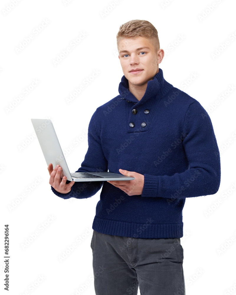 Smile, laptop and portrait of man in studio with elegant, stylish and modern outfit with confidence. Fashion, technology and young male model with cool style and computer isolated by white background Smile, laptop and portrait of man in studio with elegant, stylish and modern outfit with confidence. Fashion, technology and young male model with cool style and computer isolated by white background