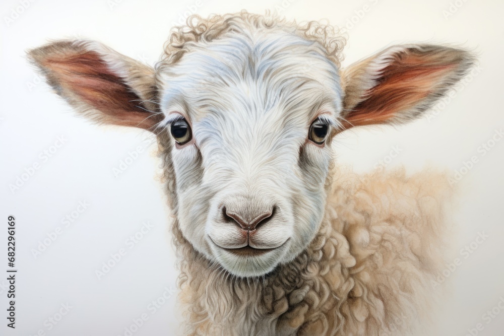  a close up of a sheep's face with a white wall in the background and a white wall in the background with a white wall in the foreground.