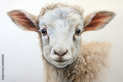  a close up of a sheep's face with a white wall in the background and a white wall in the background with a white wall in the foreground.
