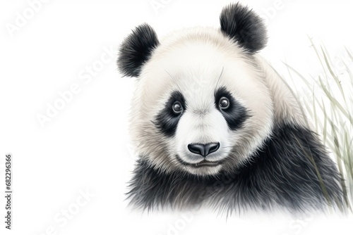  a drawing of a panda bear with black and white fur and a black and white face and head, with grass in the foreground, on a white background.