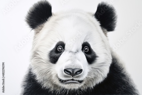  a close up of a panda bear's face with black and white fur on it's head and black and white fur on it's face, and a white background.