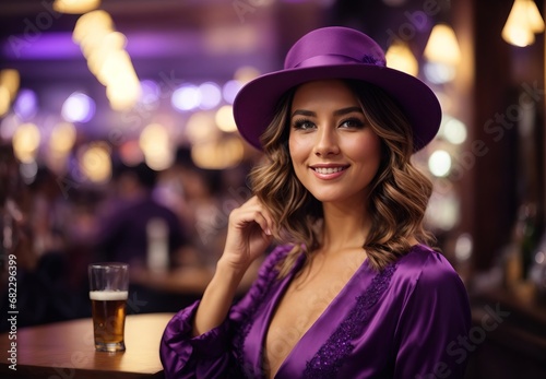 Charming beautiful white women wearing purple costume and hat, cake on tabletop, blurred background 