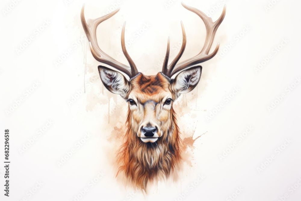  a watercolor painting of a deer's head with antlers on it's head, on a white background, with a brown spot in the foreground.