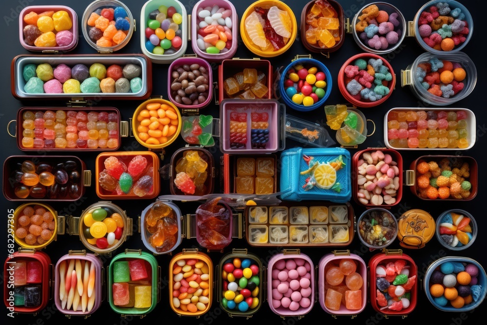 an array of different lunchboxes, each filled with a variety of candies