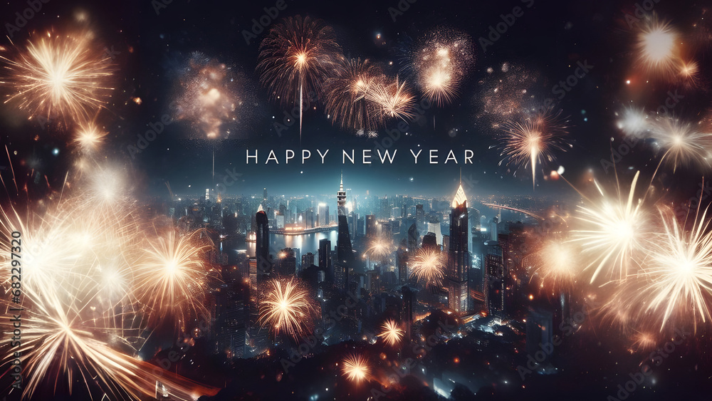 New Year , City of Lights and Fireworks - AI generated Illustration, realistic - obrazy, fototapety, plakaty 