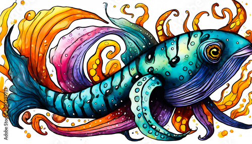 Deep-sea creatures in gouache with white background photo