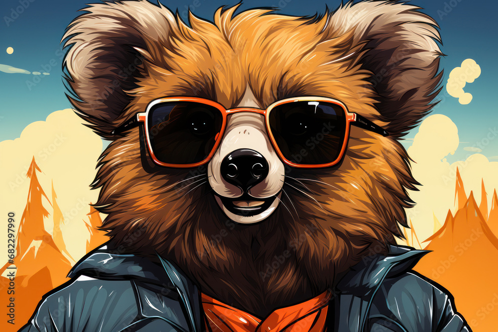  a drawing of a bear wearing sunglasses and a leather jacket with an orange tie and an orange tie on it's chest, with a mountain in the background.