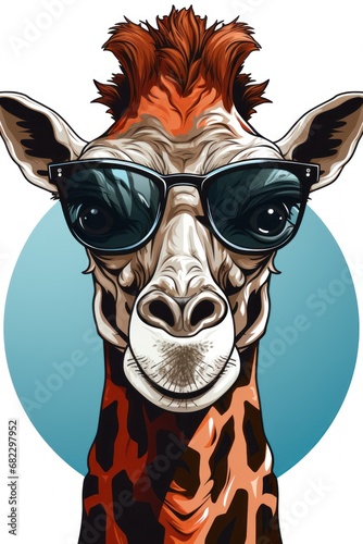  a giraffe with sunglasses on it s head and a blue circle around it s neck  with the image of a giraffe wearing sunglasses on it s head.