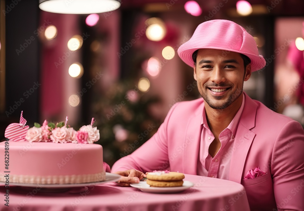 Charming handsome white men wearing pink costume and hat, cake on tabletop, blurred background Charming handsome white men wearing pink costume and hat, cake on tabletop, blurred background