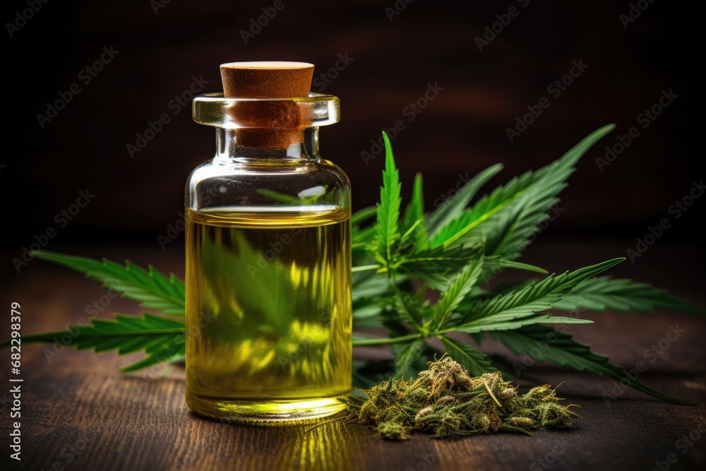 hemp oil bottle with dropper next to a green plant hemp oil bottle with dropper next to a green plant