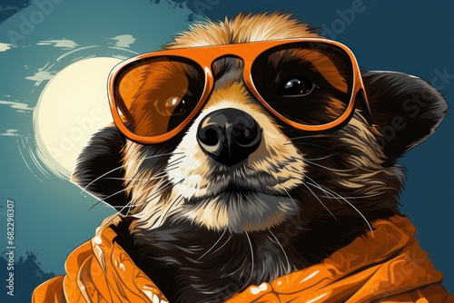  a close up of a dog wearing a scarf and sunglasses with a full moon in the background and a full moon in the sky in the middle of the background.