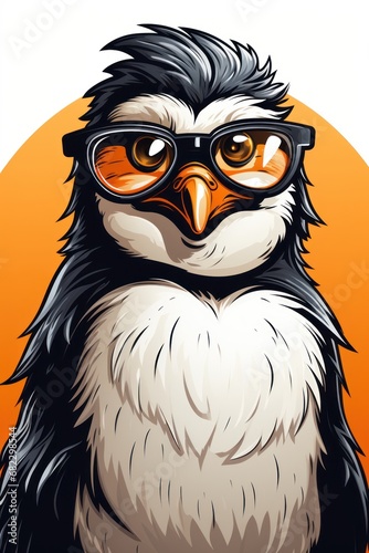  a black and white bird with glasses on it s head and an orange circle in the background with an orange circle in the middle with a black and white bird on it s head.