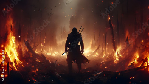 AI generated Illustration of a Warrior in a Fiery Battlefield photo