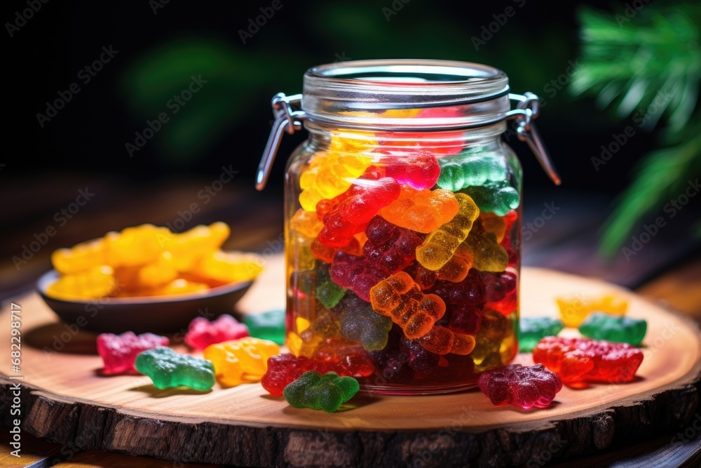 colorful cannabis-infused gummies in a glass jar on a wooden table colorful cannabis-infused gummies in a glass jar on a wooden table