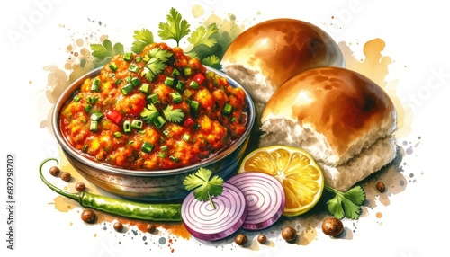 A watercolor illustration of Pav Bhaji, featuring spicy vegetable mash served with buttered bread rolls. The painting captures the colorful bhaji garnished with onions, cilantro, and lemon, highlighti