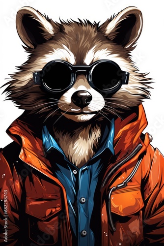  a drawing of a raccoon wearing a jacket, sunglasses, and a jacket with an orange hoodie and a blue shirt underneath the raccoon is wearing a red jacket. © Nadia