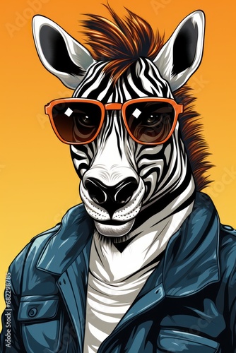  a drawing of a zebra wearing sunglasses and a leather jacket with a blue jacket over it's shoulders and a blue jacket over it's shoulder and a yellow background.