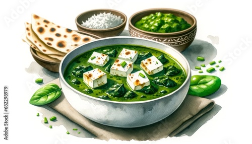 A watercolor illustration of Palak Paneer, depicting creamy spinach curry with paneer cubes, highlighting the lush green spinach and soft paneer texture, accompanied by rice or flatbread in the softly photo