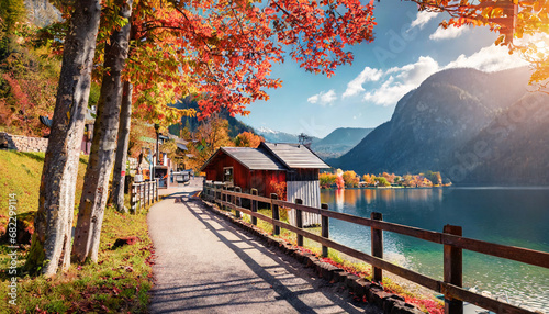 wonderful autumn landscape beautiful romantic alley near popular alpine lake grundlsee with colorful trees scenic image of forest landscape at sunny day stunning nature background © Ashley