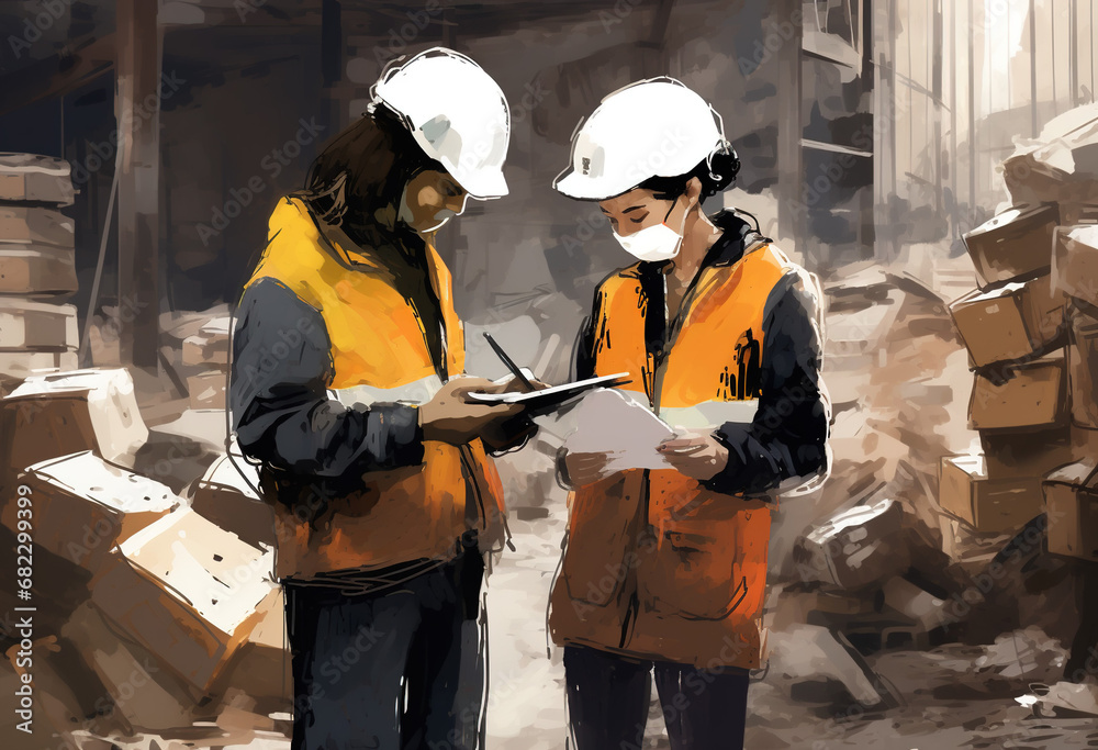 Illustration of Two Working Construction Workers