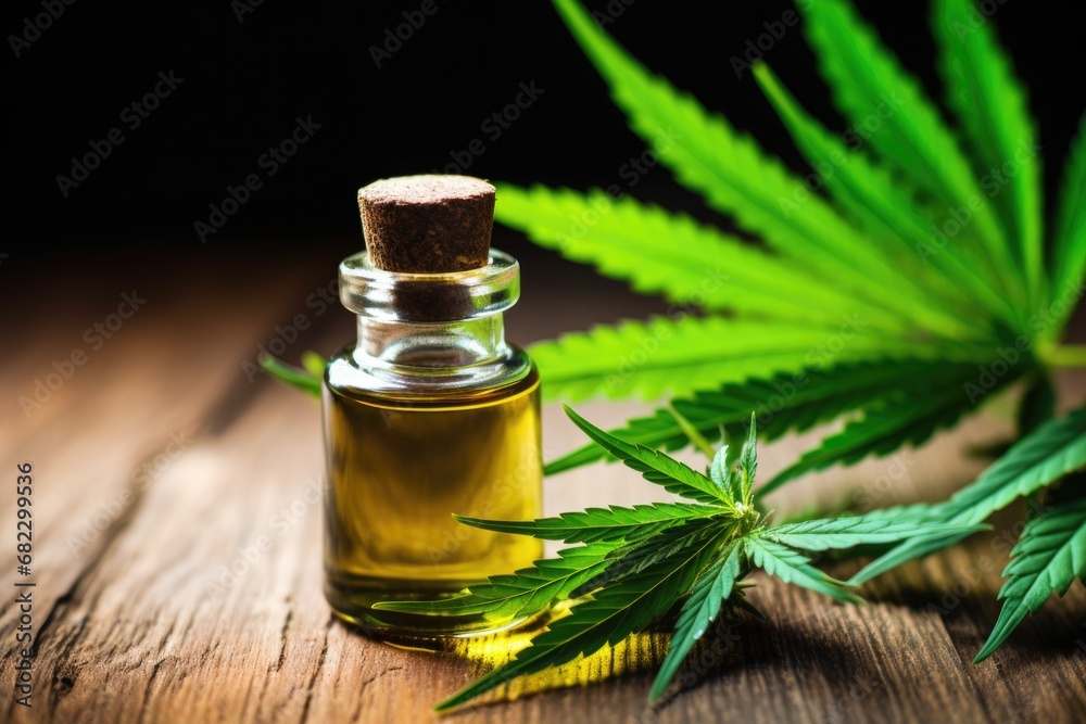 close-up of cannabis oil in a dropper bottle with hemp leaves in the background