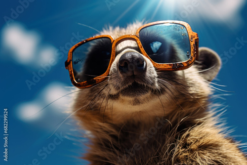  a close up of a raccoon wearing sunglasses with the sun shining through the clouds in the back of it's eyes and a blue sky with white clouds in the background.