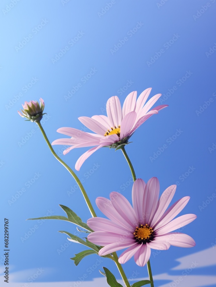 Delicate pink wildflowers stretch towards the soft blue sky, invoking a feeling of spring