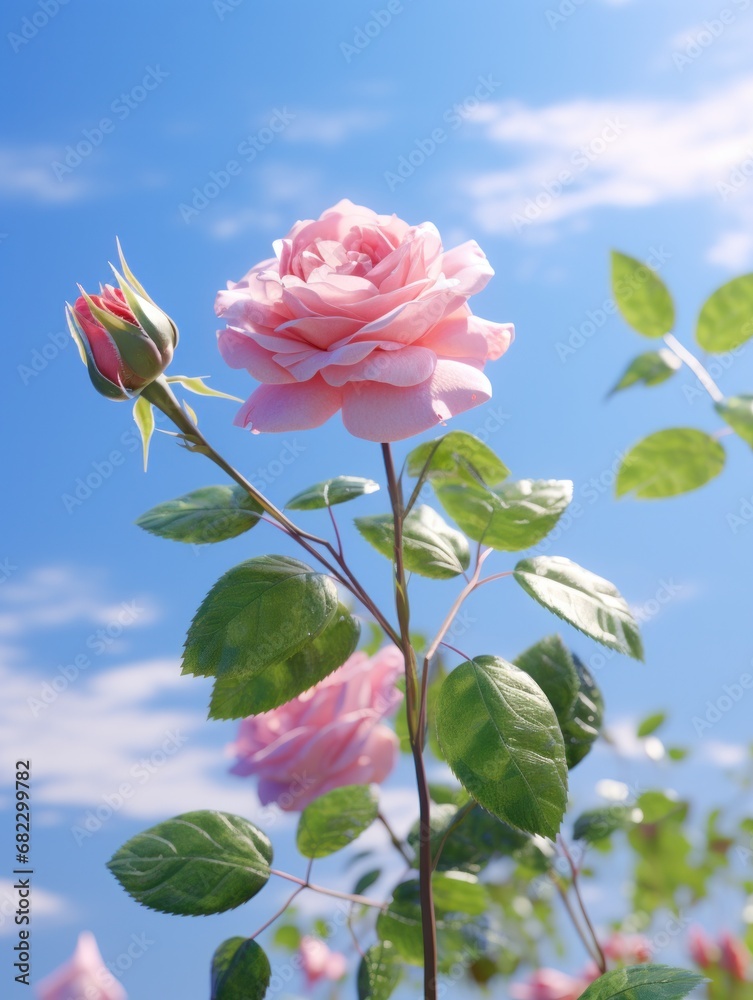 Classic pink rose with intricate petals stretches towards the sky, surrounded by soft green leaves Classic pink rose with intricate petals stretches towards the sky, surrounded by soft green leaves