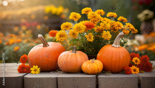 fresh pumpkins and autumn orange and yellow flowers outdoors decoration for fall season