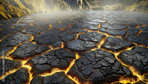 scorched rock floor with molten rocks and lava cracks generative ai