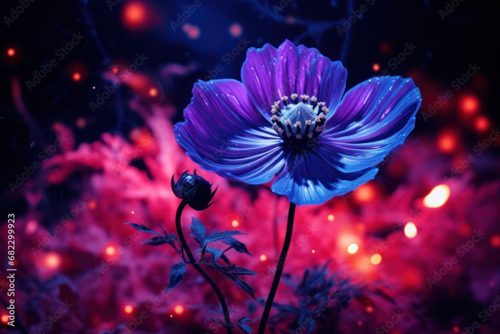 a purple flower sitting on top of a lush green leaf covered field next to a red and blue fire hydrant in the dark night light of the night sky. a purple flower sitting on top of a lush green leaf covered field next to a red and blue fire hydrant in the dark night light of the night sky.