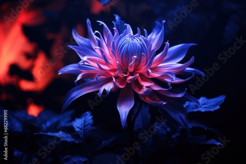  a close up of a purple and red flower with leaves in the foreground and a red and blue fire in the back ground in the middle of the background.