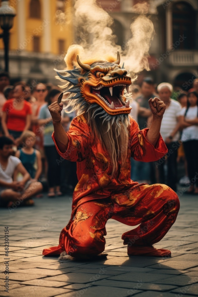 A street performer dressed as a dragon, dancing and entertaining a captivated audience