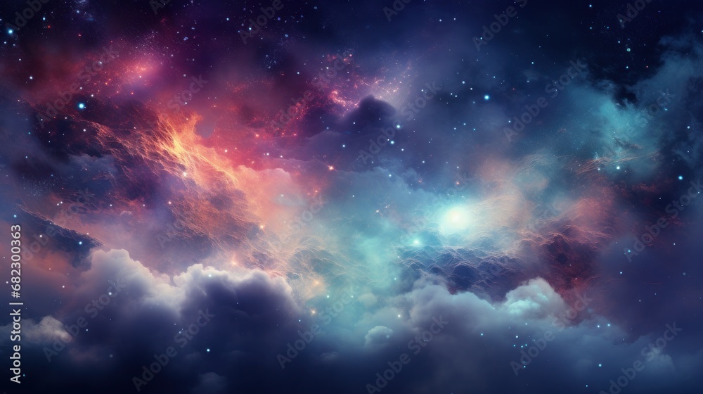 cosmos, abstract background features a colorful and dreamy depiction of a galaxy nebula