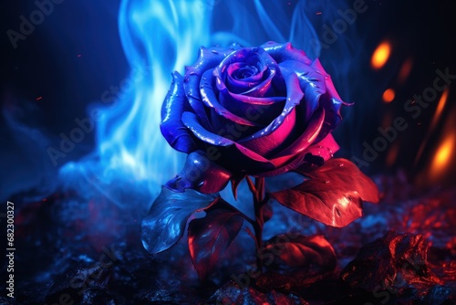  a blue and red rose sitting in the middle of a pile of rocks with fire coming out of the top of it and a blue flame in the middle of the background.
