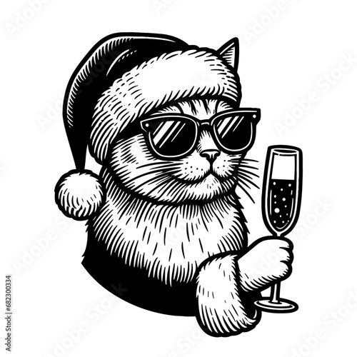 cool cat wearing sunglasses and Christmas hat and holding a champagne glass sketch