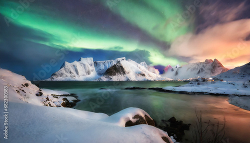 amazing wintry landscape of lofoten fantastic winter seascape during sunset majestic mountains with northern lights picturesque nature scenery creative image nature background traveling concept © Ashley