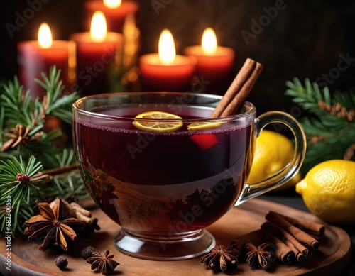 Christmas hot mulled wine in transparent glass cup with lemon, spices, anise, cinnamon, and fir tree branchlets and candles for festive atmosphere photo